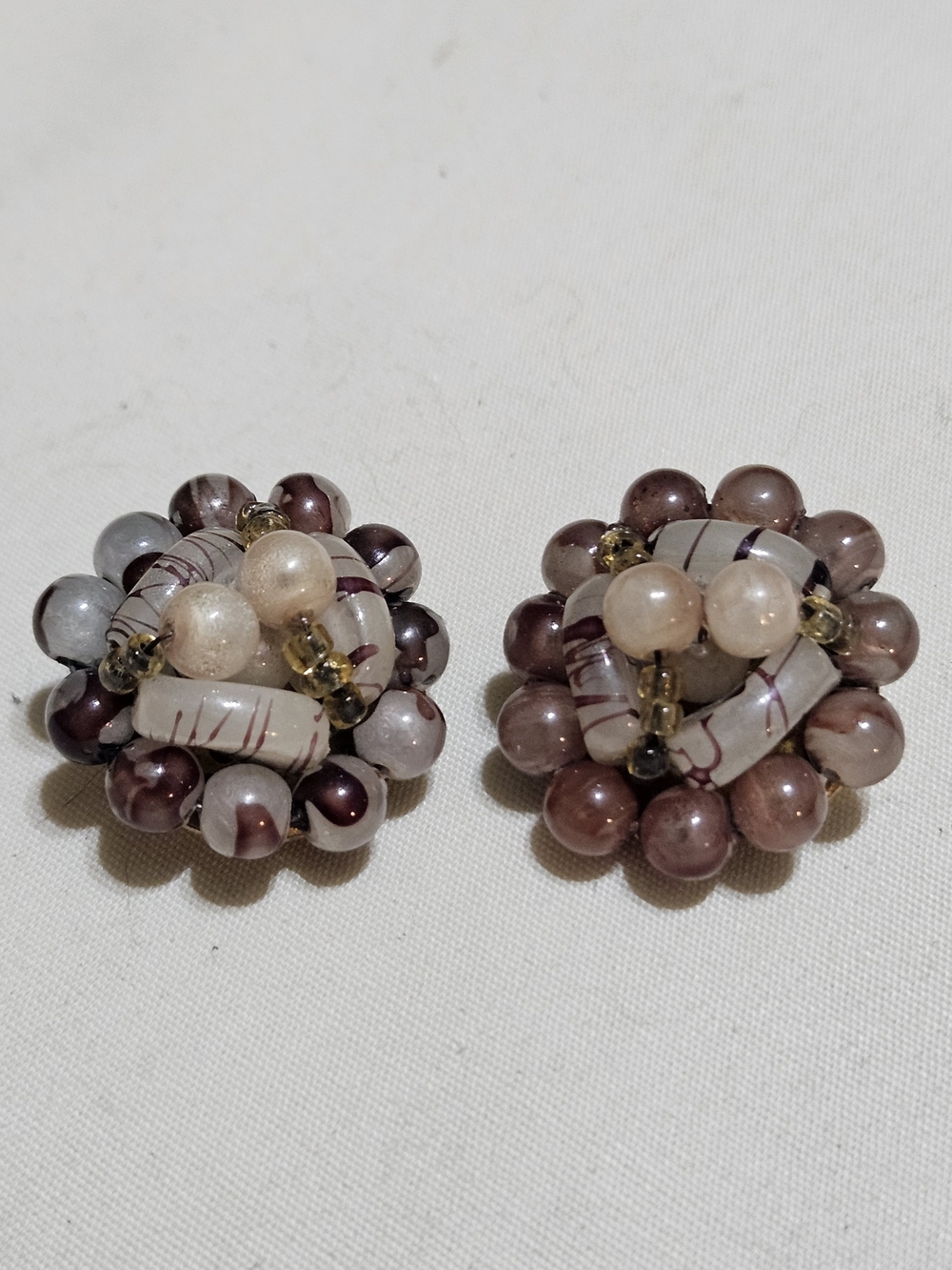 Cluster Bead Clip-On Earrings in Mauve and Cream